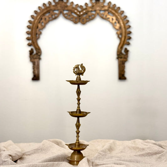 Three-Tier Brass Vilakku with Annapakshi