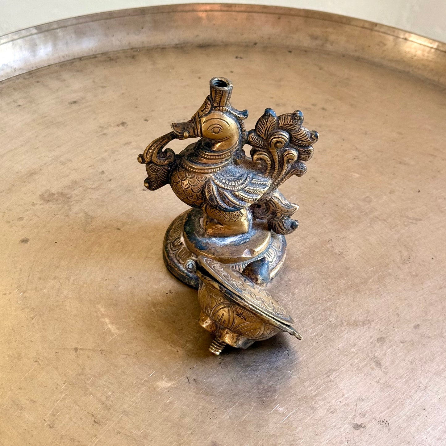 Rare Vintage Brass Peacock Diya & Incense Holder