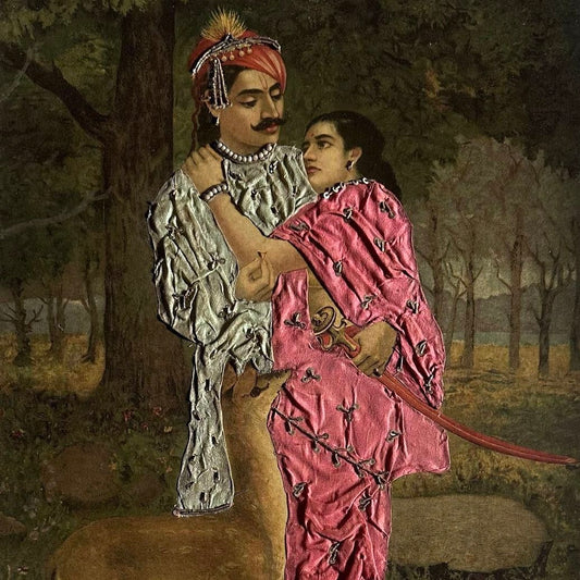 ‘Dushyanta-Shakuntala’ Raja Ravi Varma Lithograph (Embellished Edition, extremely rare)
