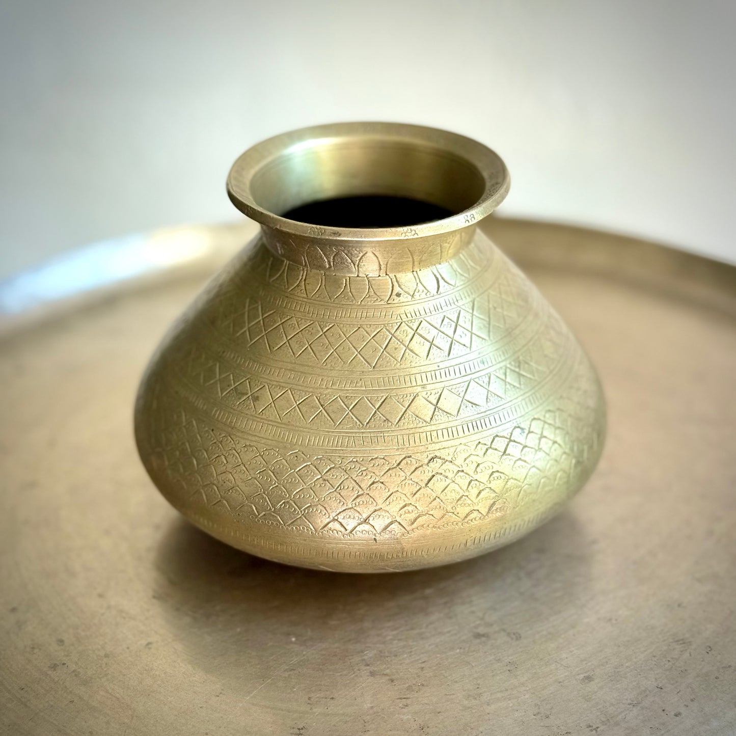 Antique Brass Kalash with Geometric Engraving – Early 1900s