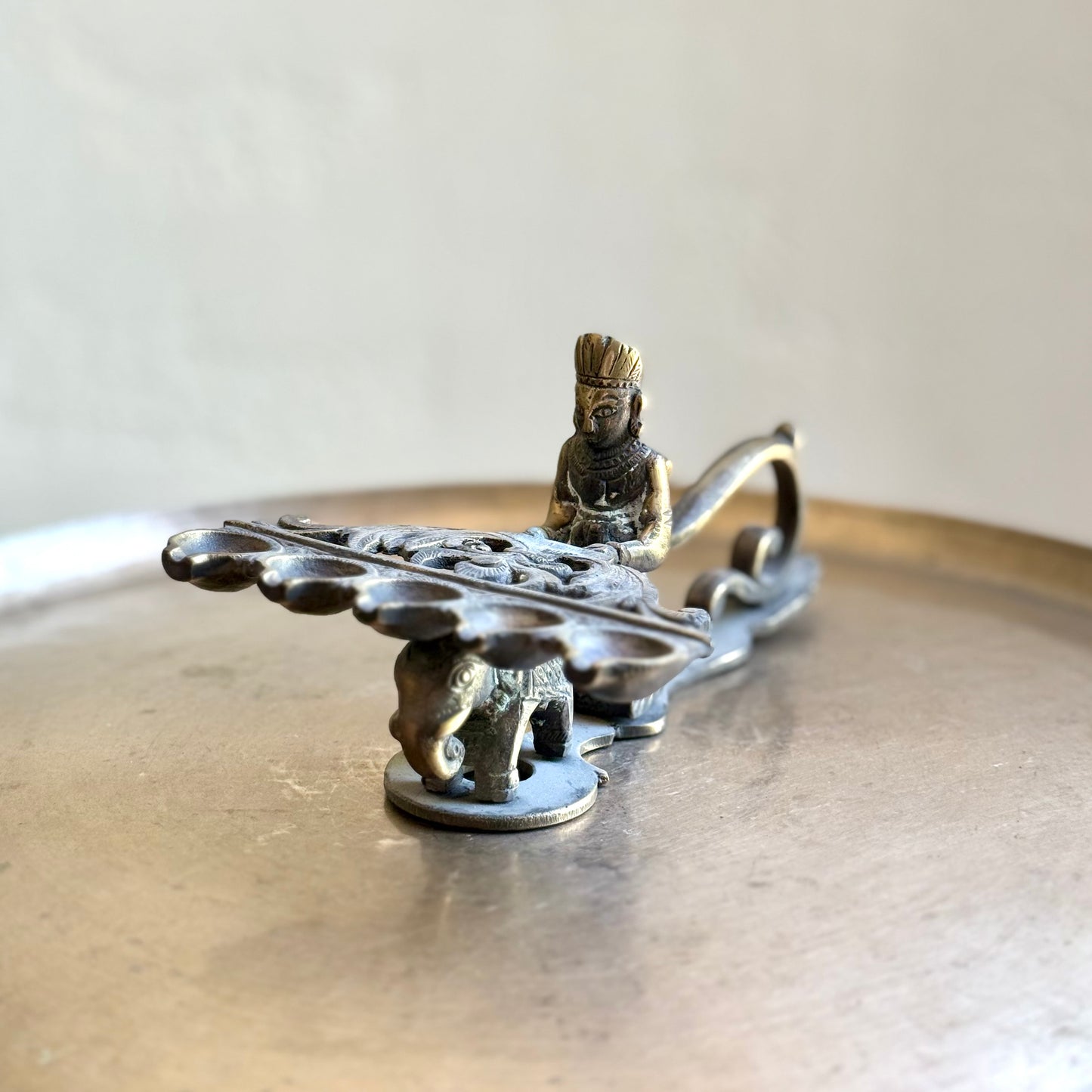 Brass Arti Diya – Five-Wick Plate on Elephant Base