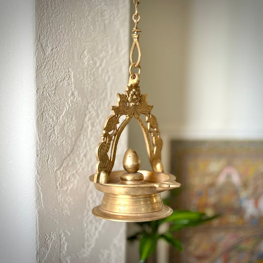 Vintage Brass Hanging Lamp with Shiva Lingam & Prabhavali