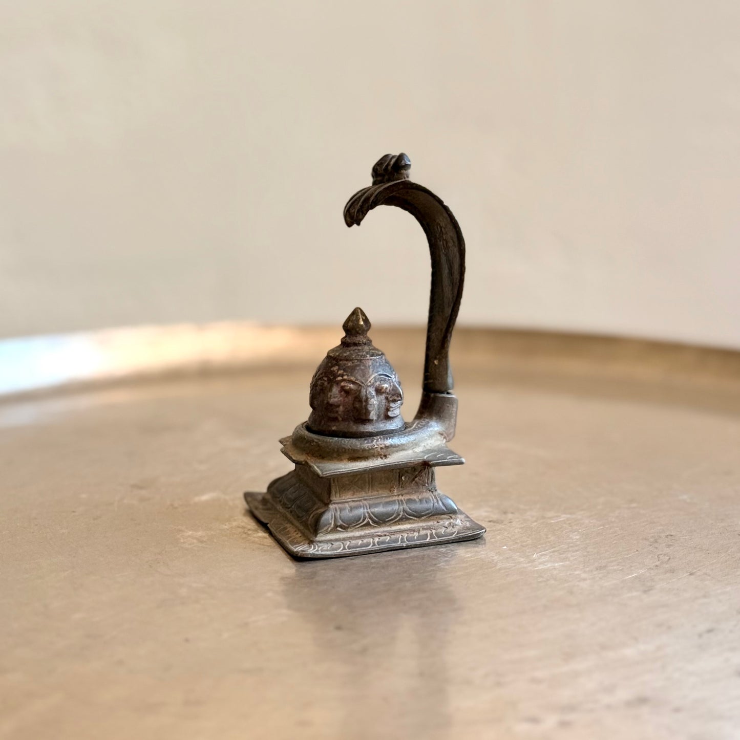 Antique Four-Sided Mukhalinga in Bronze with Naag-Peetha (Early 20th Century)