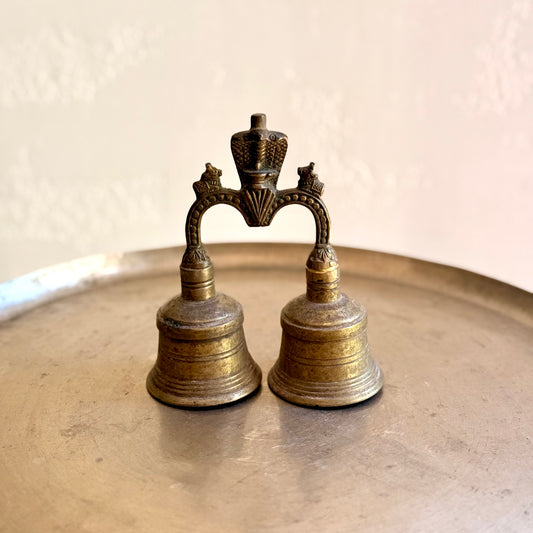 Vintage Brass Double Temple Bell with Shiva & Nandi Finial