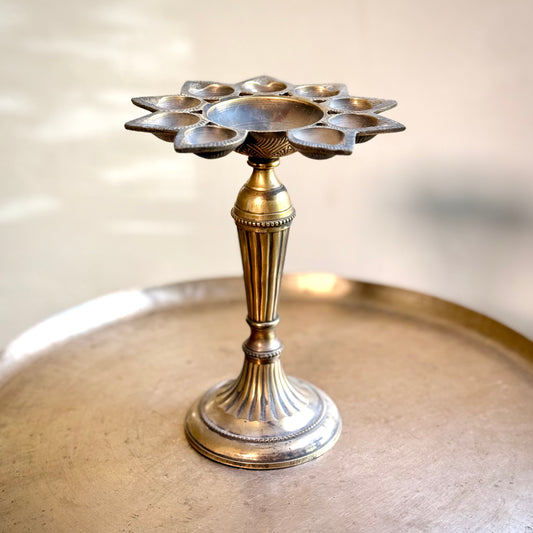 Brass Diya with Floral-Shaped Nine Wicks