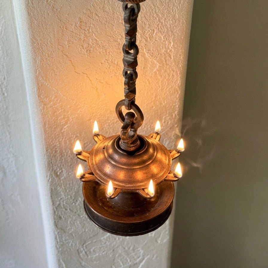 Antique Bronze 9-Wick Hanging Oil Lamp - Thookku Vilakku