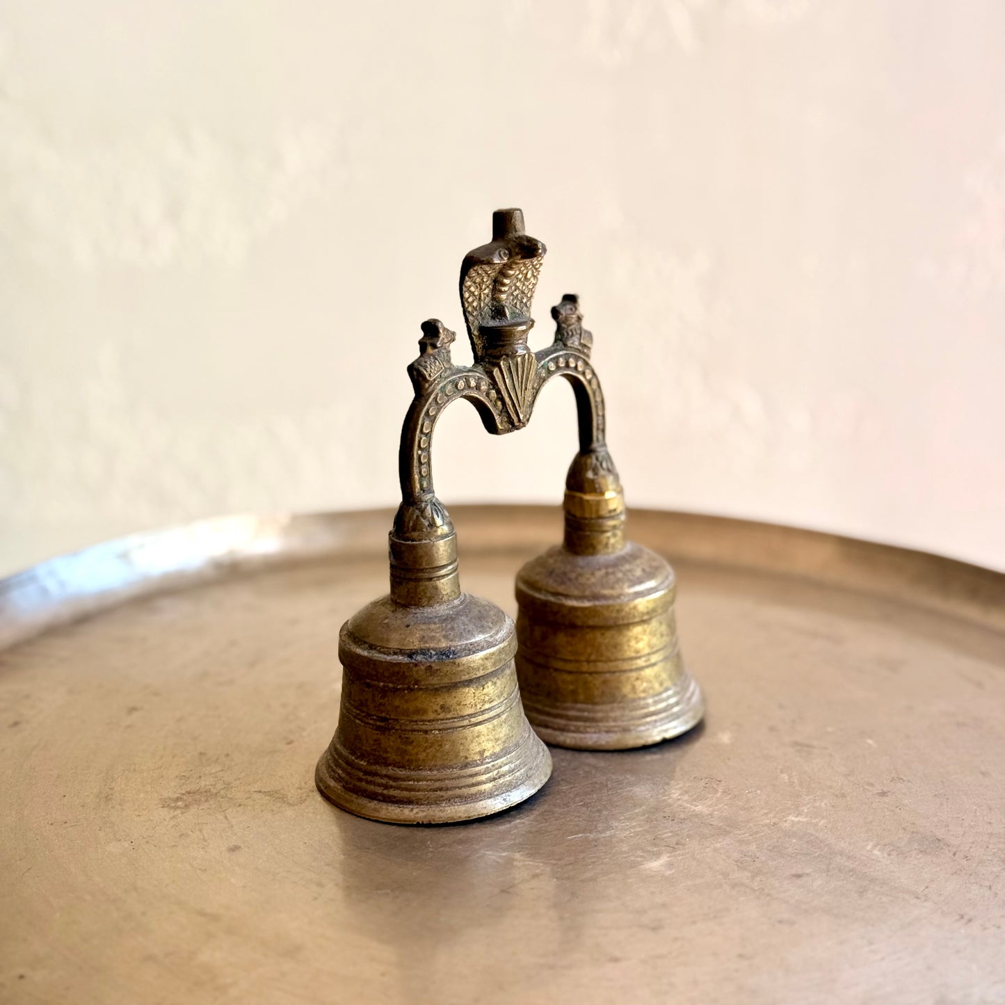 Vintage Brass Double Temple Bell with Shiva & Nandi Finial