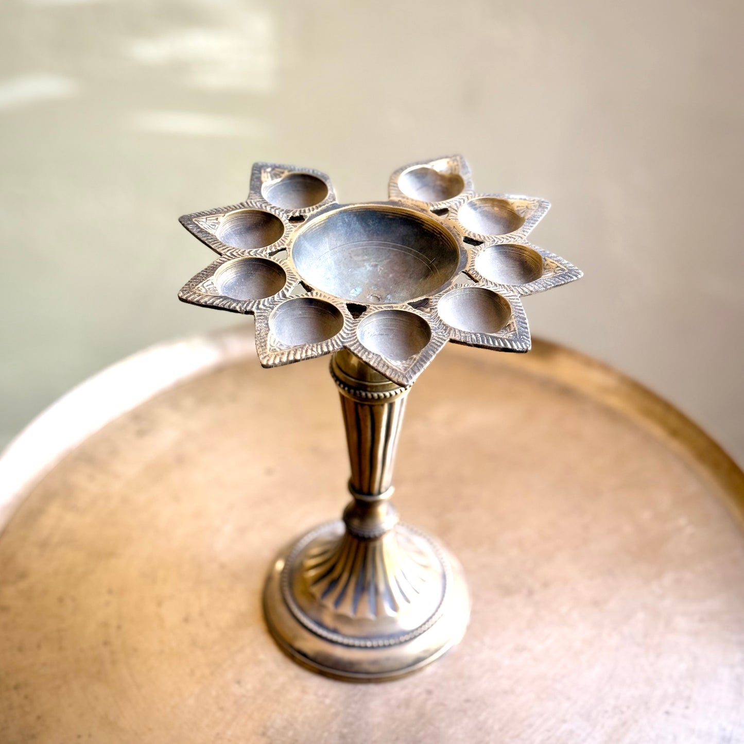 Brass Diya with Floral-Shaped Nine Wicks