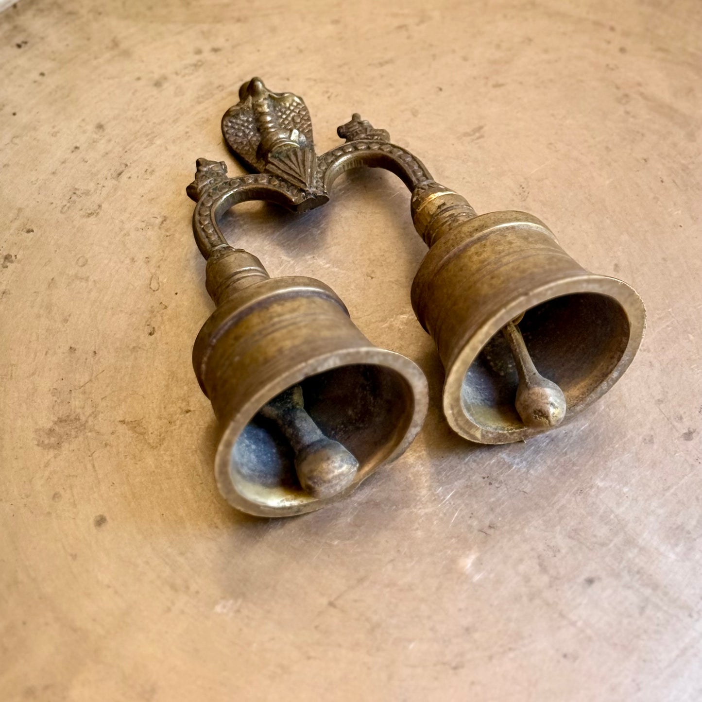 Vintage Brass Double Temple Bell with Shiva & Nandi Finial