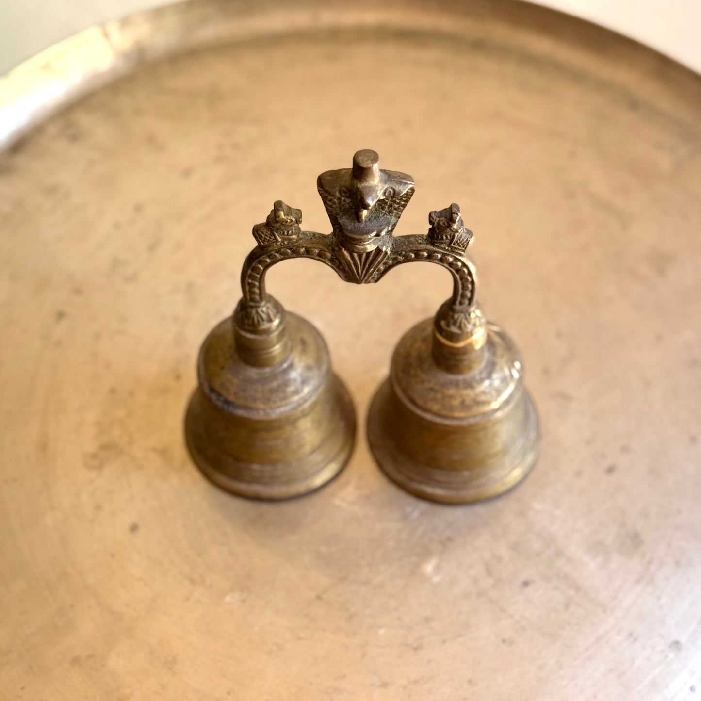 Vintage Brass Double Temple Bell with Shiva & Nandi Finial