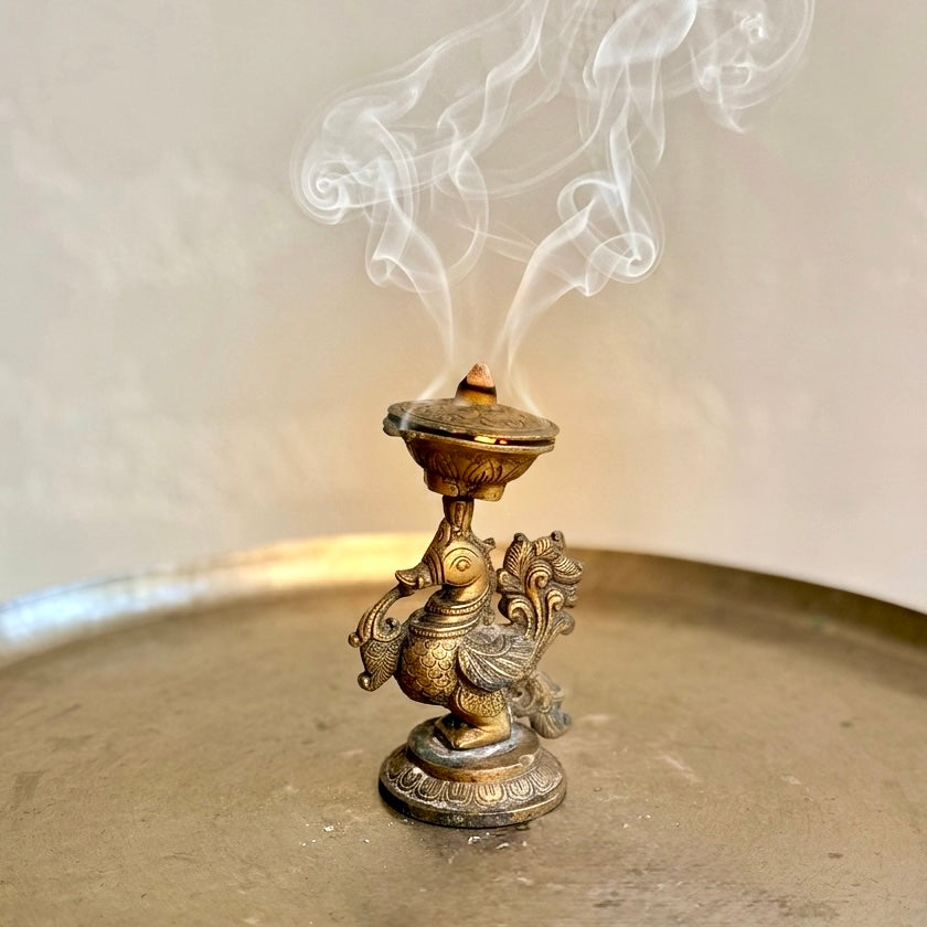 Rare Vintage Brass Peacock Diya & Incense Holder