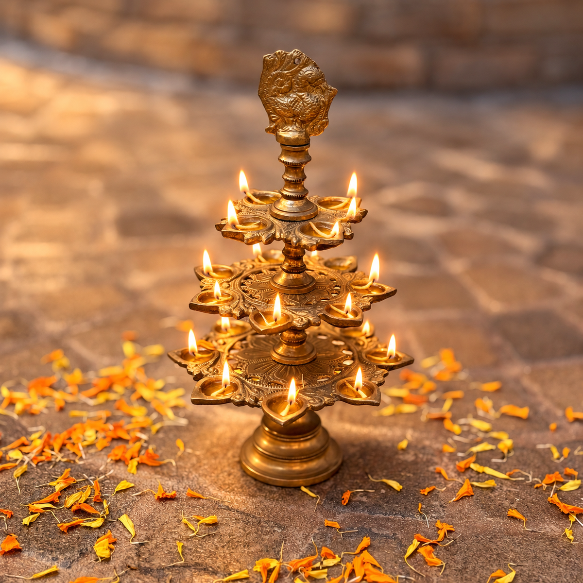 Vintage Brass Deepasthabham | Three-Tier Oil Lamp