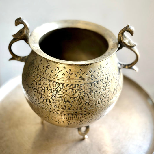 Vintage Brass Planter with Floral Engravings & Peacock Handles