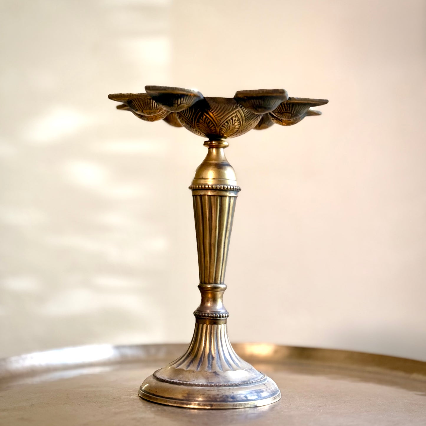 Brass Diya with Floral-Shaped Nine Wicks