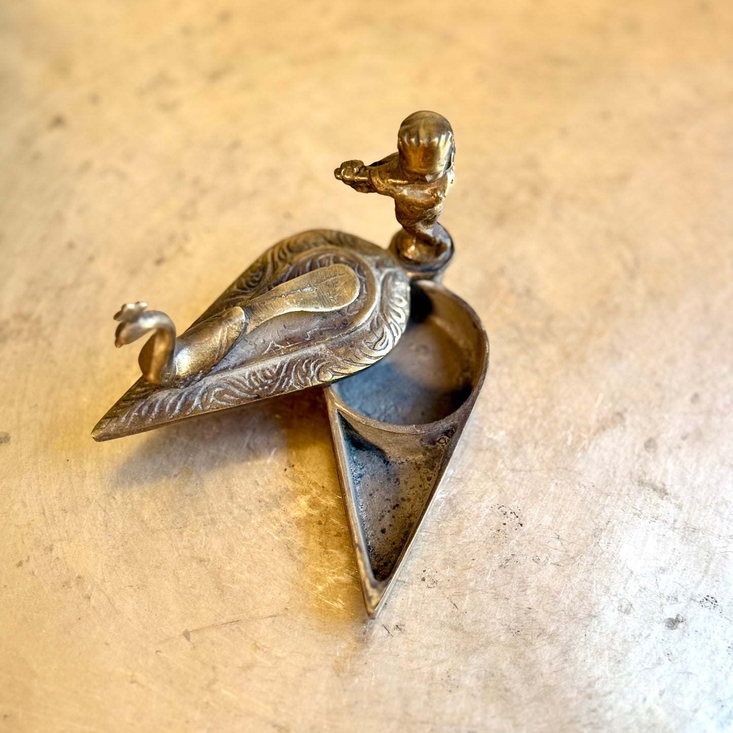 Vintage Brass Kumkum Box – Baby Krishna & Peacock