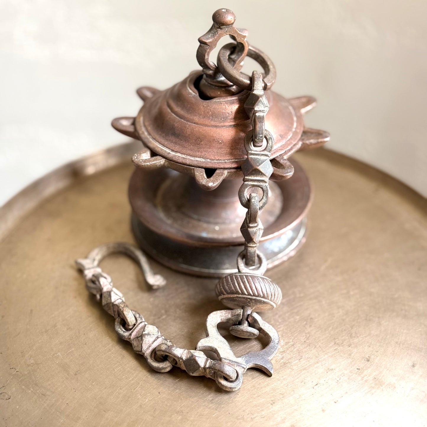 Antique Bronze 9-Wick Hanging Oil Lamp - Thookku Vilakku