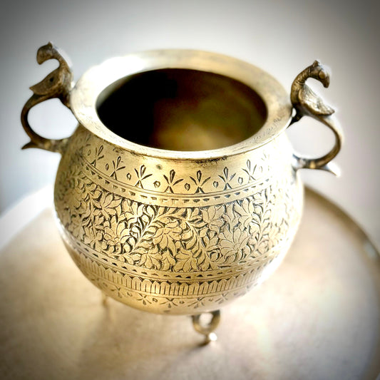 Vintage Brass Planter with Floral Engravings & Peacock Handles