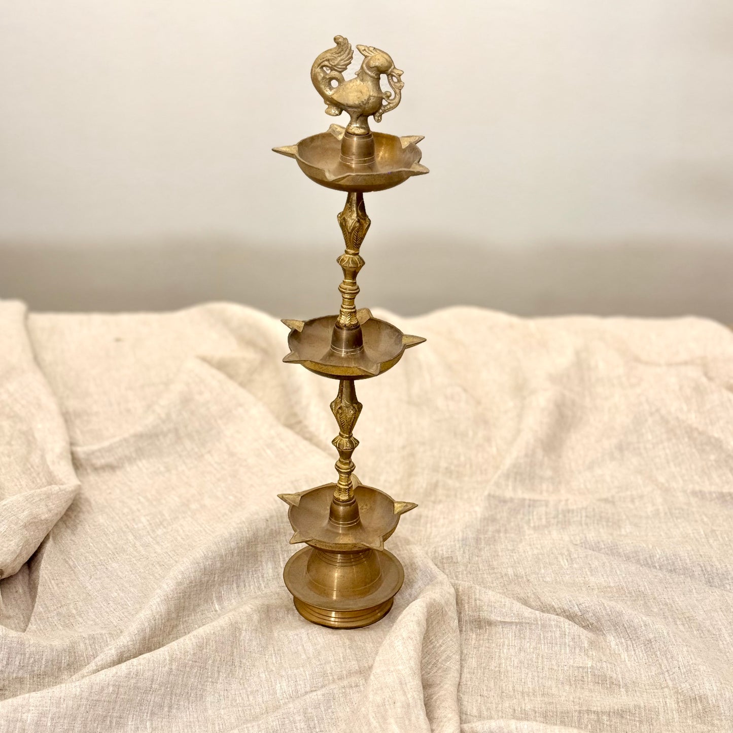 Three-Tier Brass Vilakku with Annapakshi