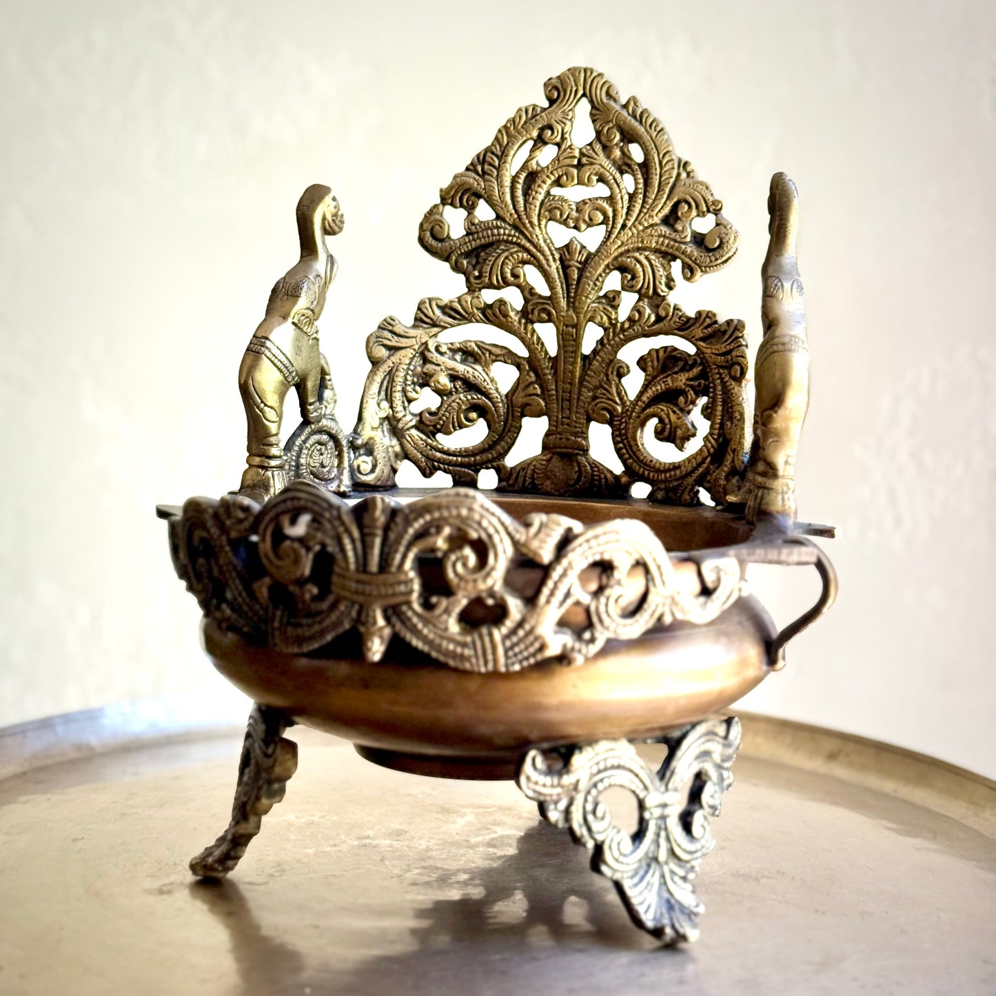 Twin Elephants Brass Urli – Vintage Temple Art Form