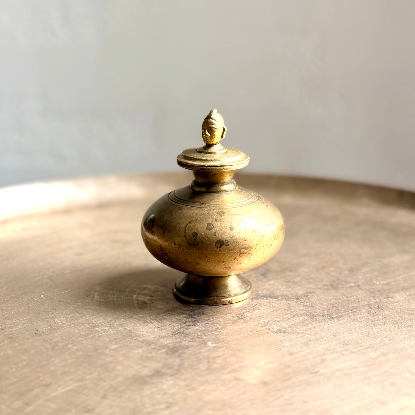 Vintage Bronze Mini Gangajal Pot with Gauri Head Finial
