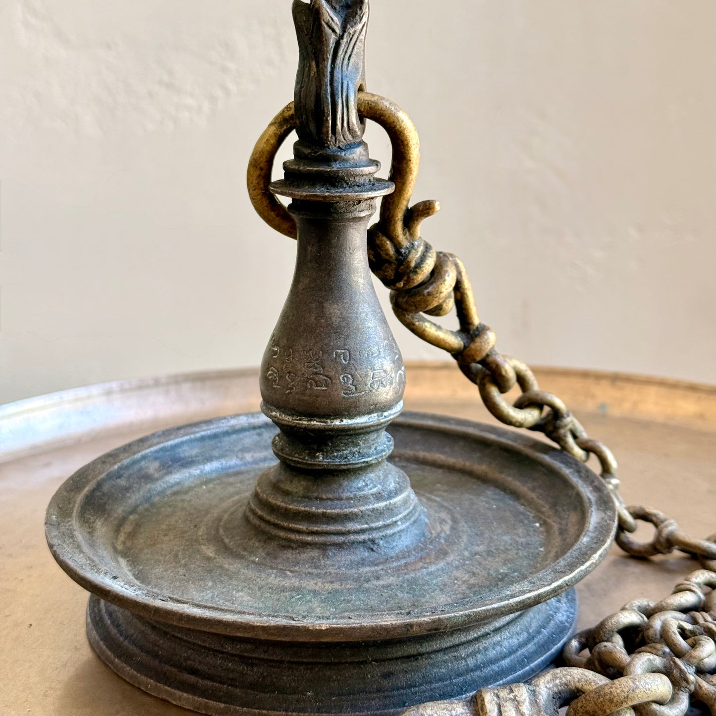 Antique Lotus Bud Bronze Oil Lamp – Kerala (Ca. 1850)| Vattezhuthu Inscription