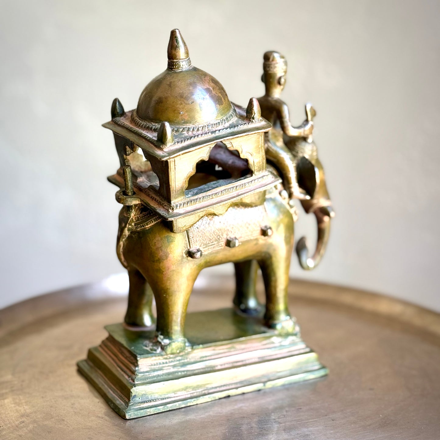 Brass Elephant Figurine with Rider and Pavilion