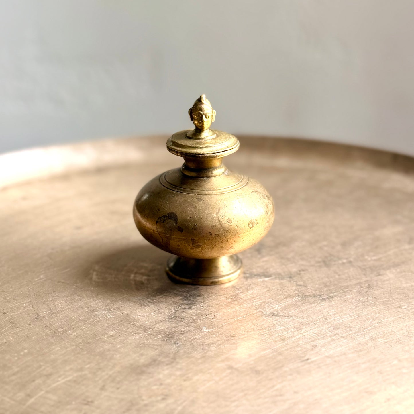 Vintage Bronze Mini Gangajal Pot with Gauri Head Finial