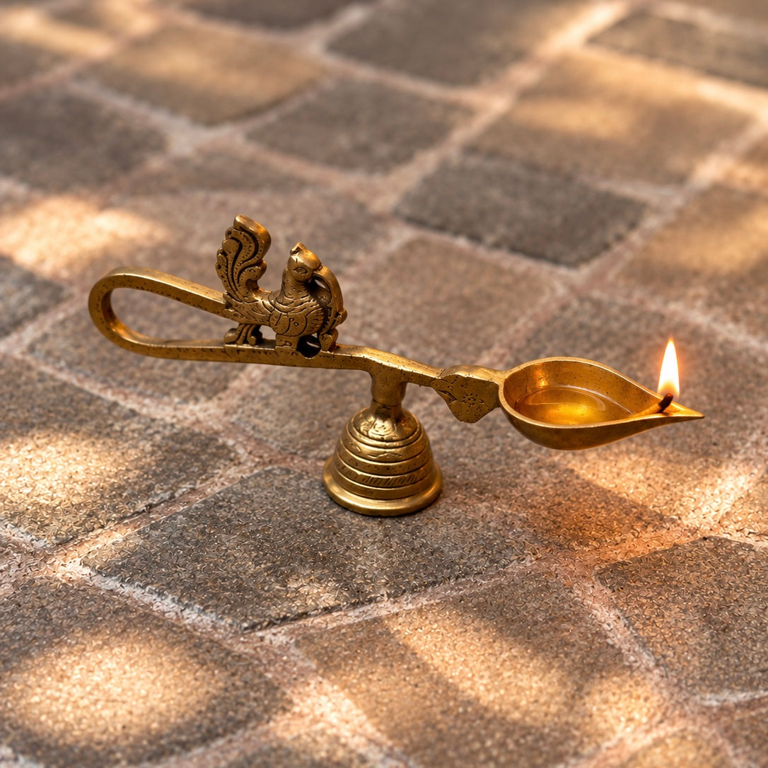 Brass Peacock Handheld Aarti Diya