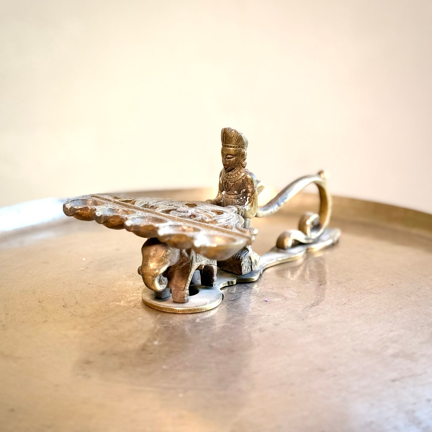 Brass Arti Diya – Five-Wick Plate on Elephant Base