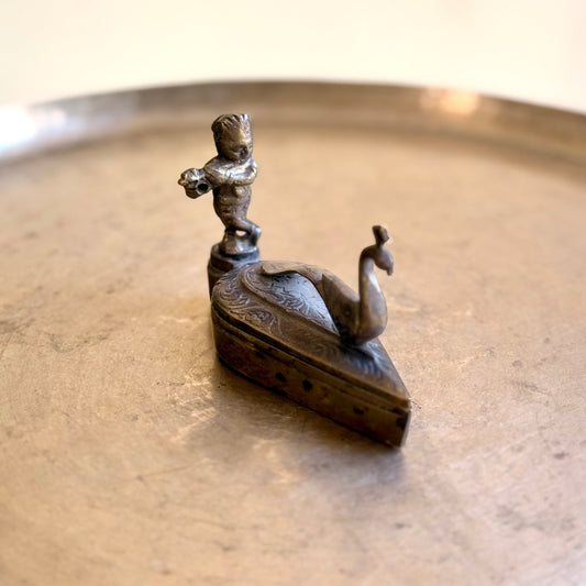 Vintage Brass Kumkum Box – Baby Krishna & Peacock