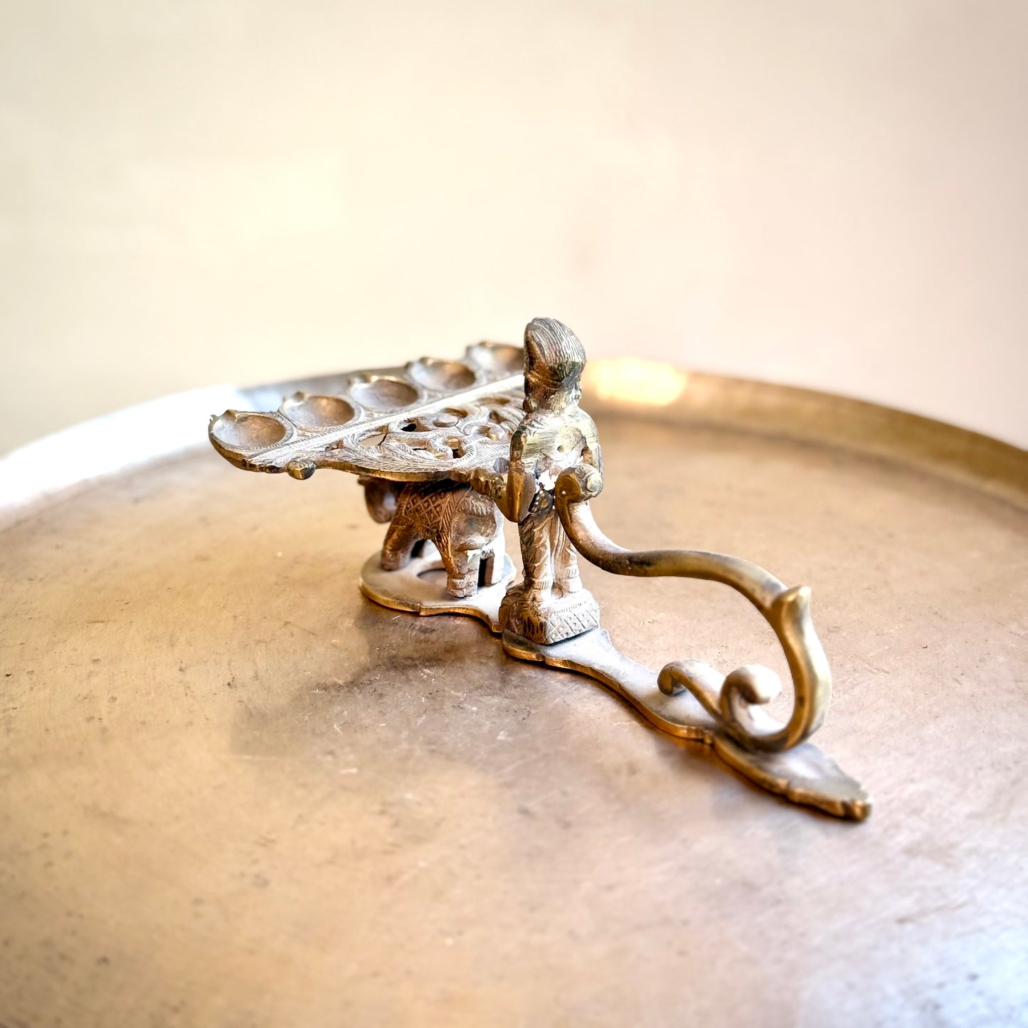 Brass Arti Diya – Five-Wick Plate on Elephant Base
