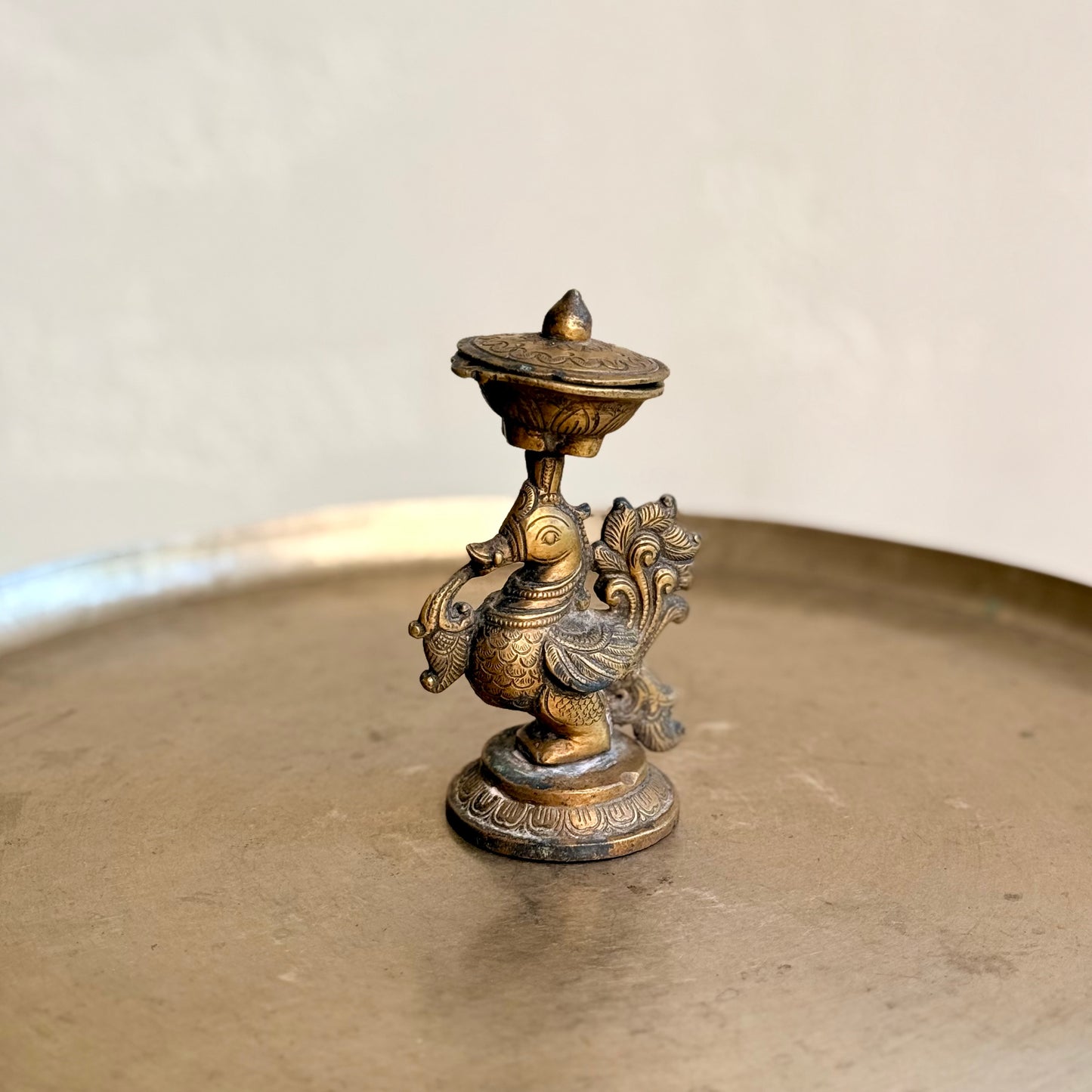 Rare Vintage Brass Peacock Diya & Incense Holder