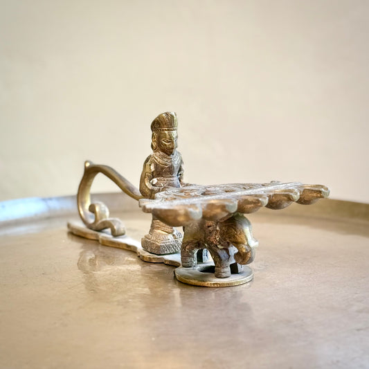 Brass Arti Diya – Five-Wick Plate on Elephant Base