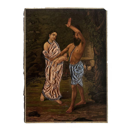 ‘Birth of Shakuntala (Shakuntala Janam)’ Raja Ravi Varma Lithograph (Embellished Edition, extremely rare, Circa 1890)