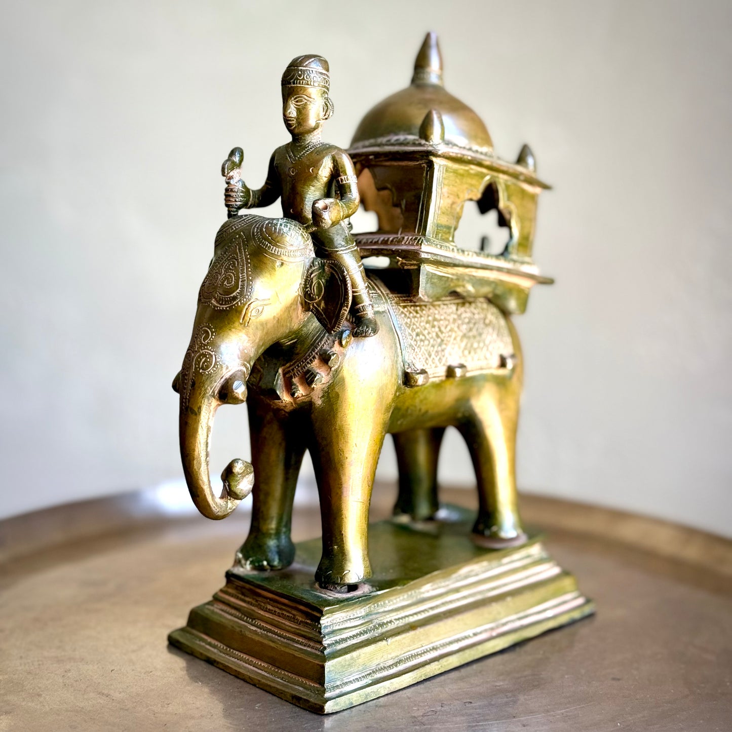 Brass Elephant Figurine with Rider and Pavilion