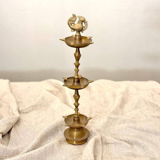 Three-Tier Brass Vilakku with Annapakshi