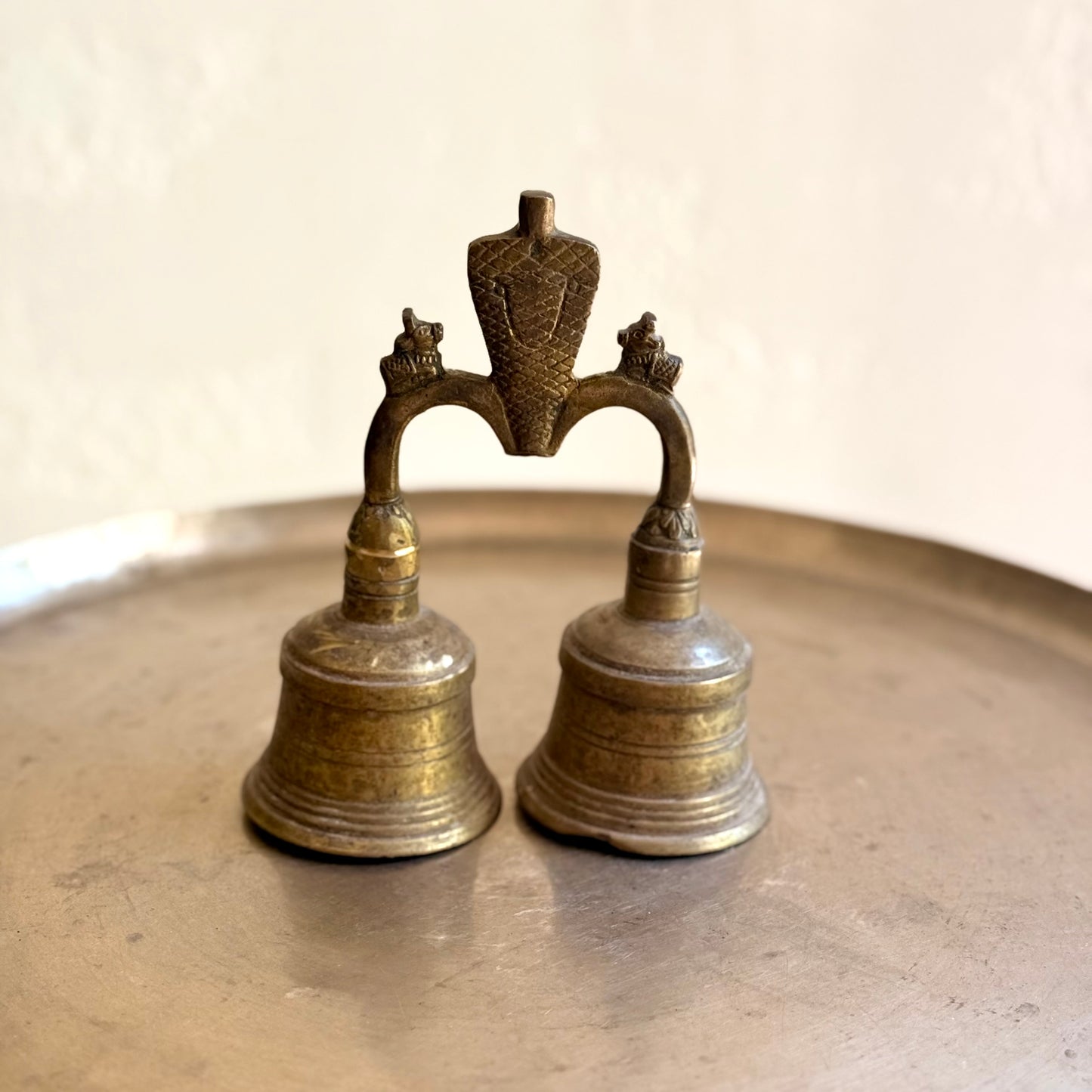 Vintage Brass Double Temple Bell with Shiva & Nandi Finial