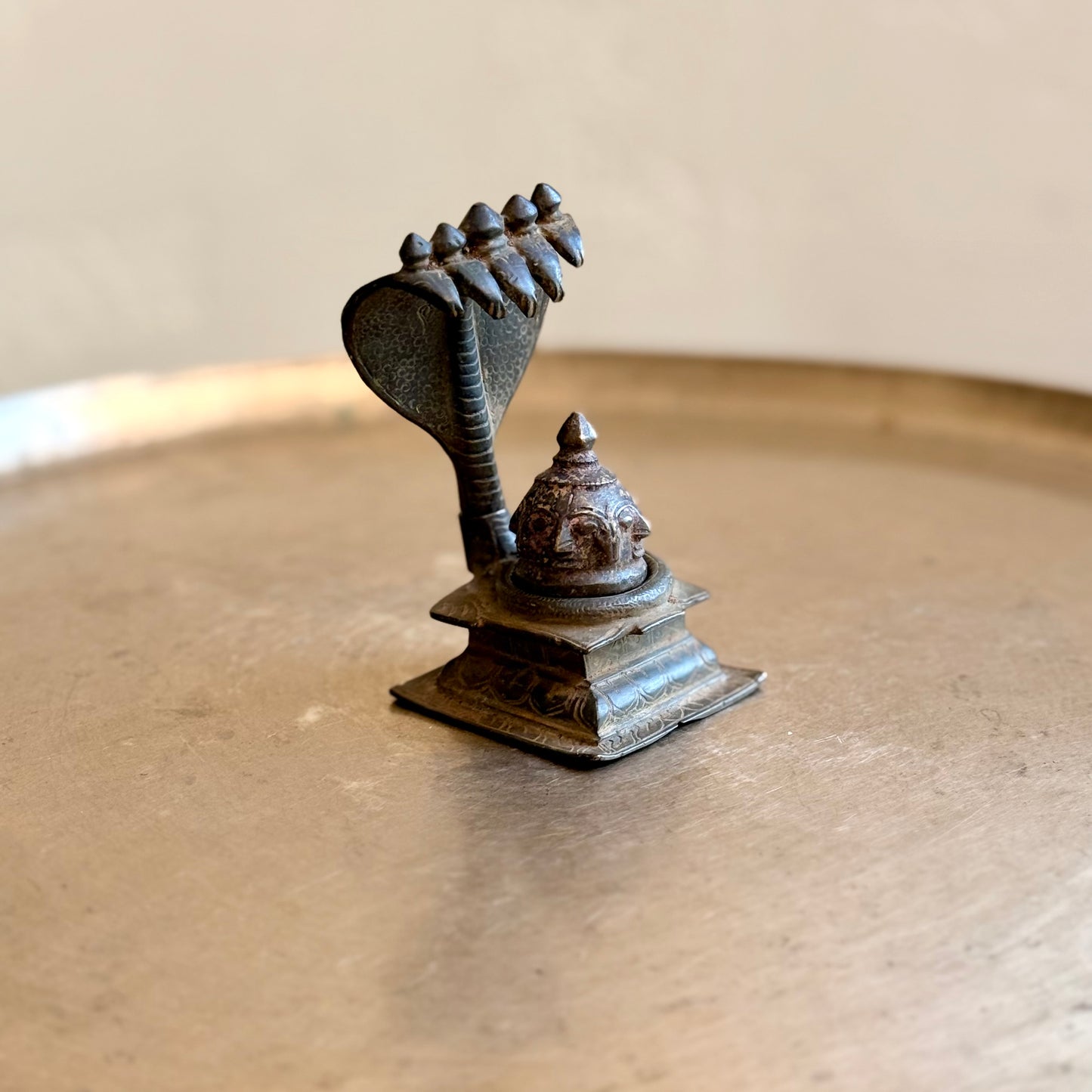 Antique Four-Sided Mukhalinga in Bronze with Naag-Peetha (Early 20th Century)