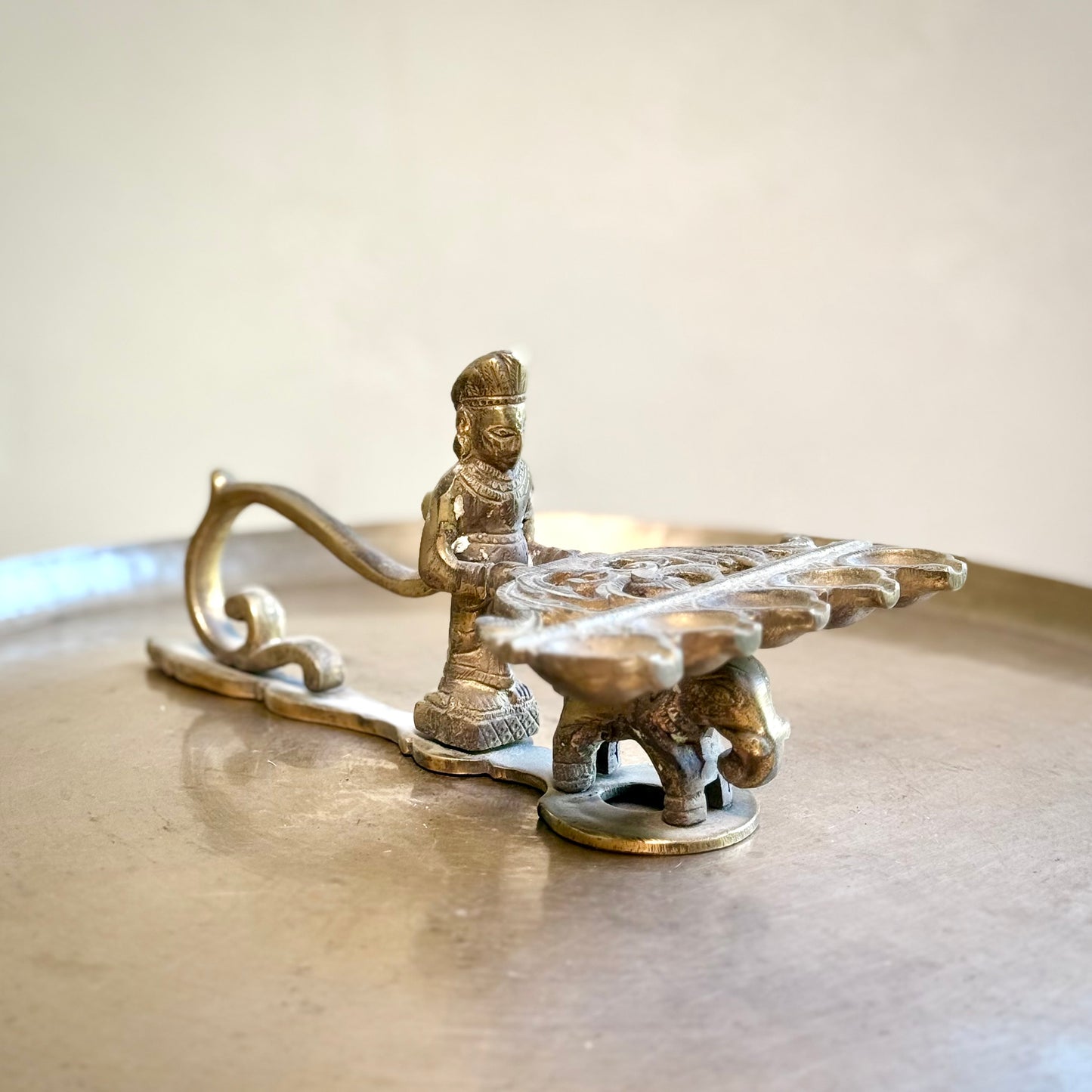 Brass Arti Diya – Five-Wick Plate on Elephant Base