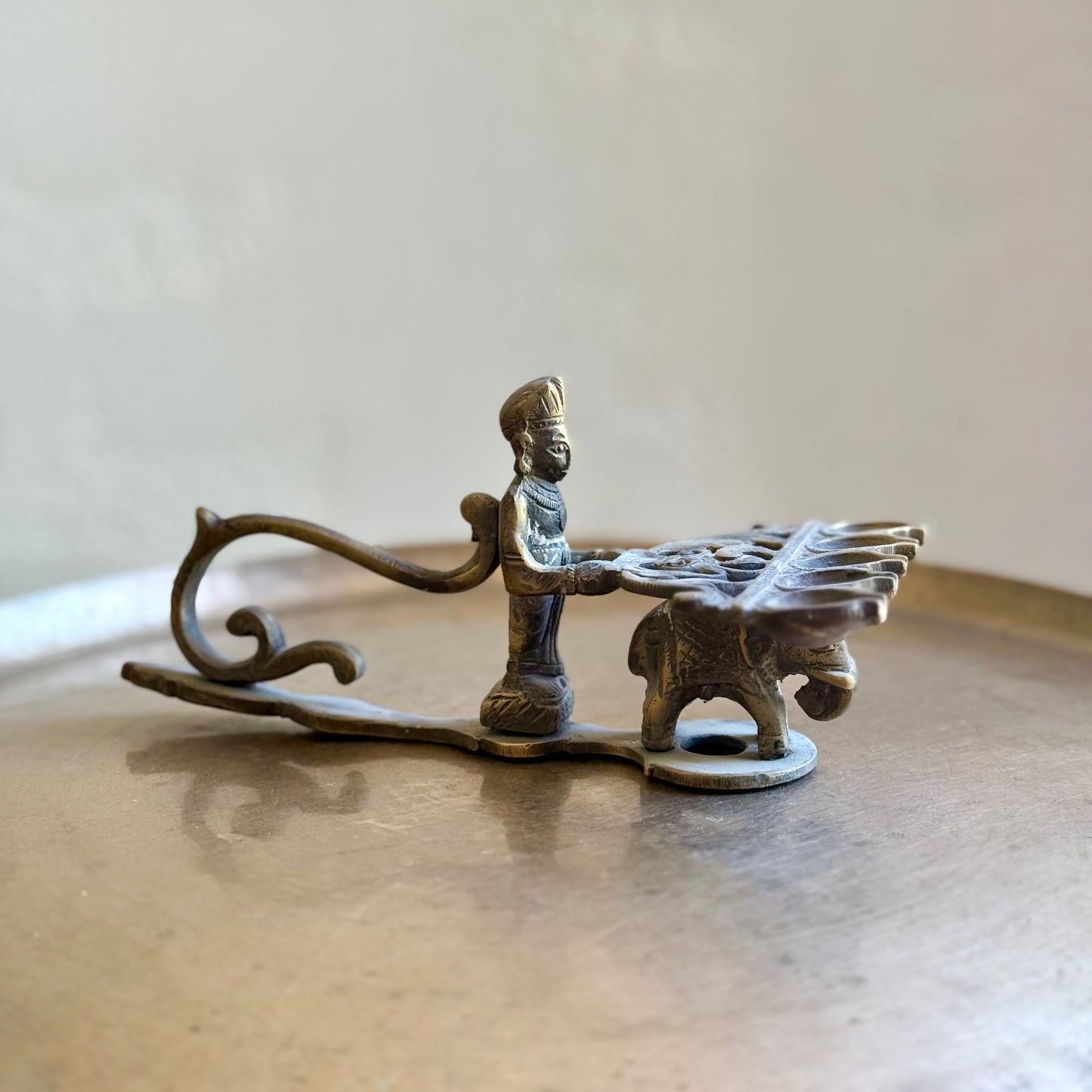 Brass Arti Diya – Five-Wick Plate on Elephant Base