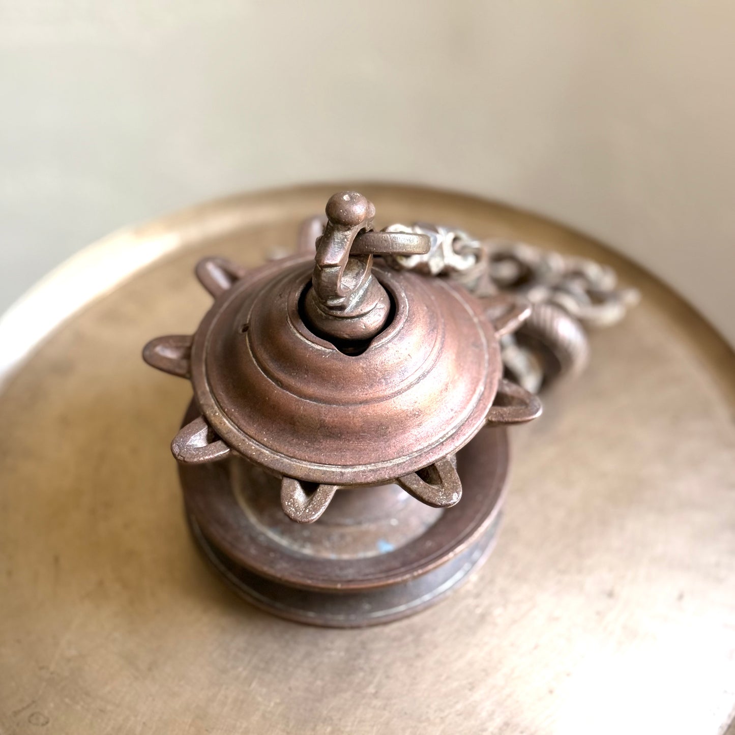 Antique Bronze 9-Wick Hanging Oil Lamp - Thookku Vilakku
