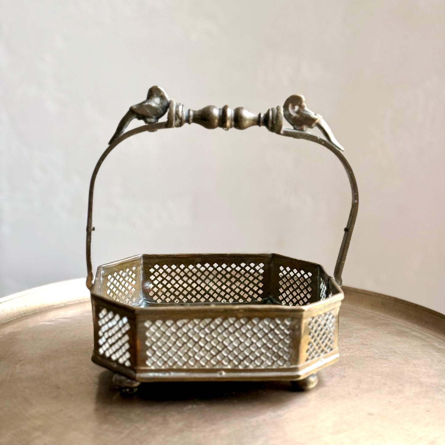 Antique Bronze Flower Basket with Bird Motifs - Tamil Nadu (Early 20th Century)