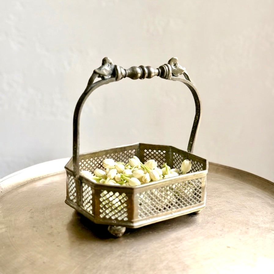 Antique Bronze Flower Basket with Bird Motifs - Tamil Nadu (Early 20th Century)