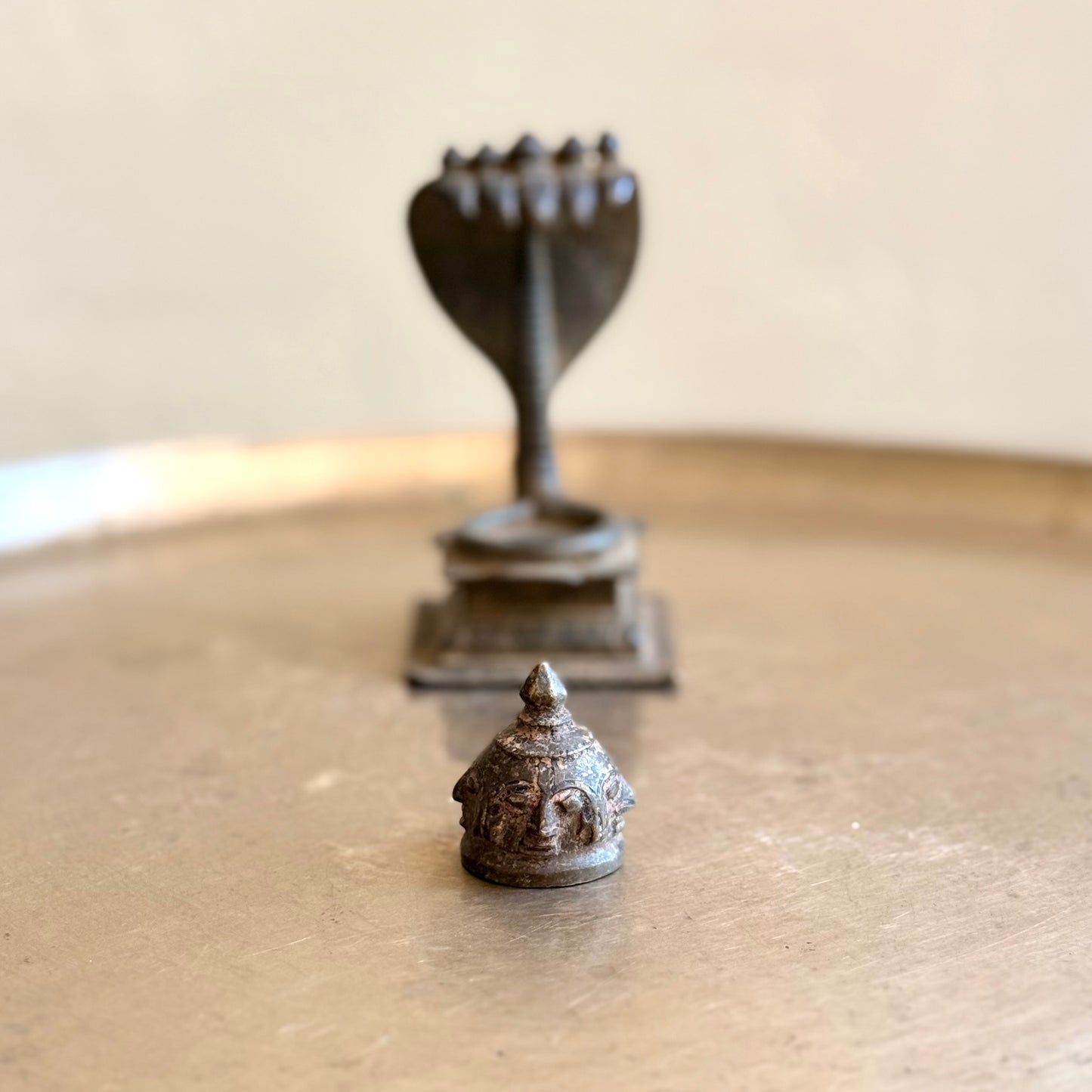 Antique Four-Sided Mukhalinga in Bronze with Naag-Peetha (Early 20th Century)