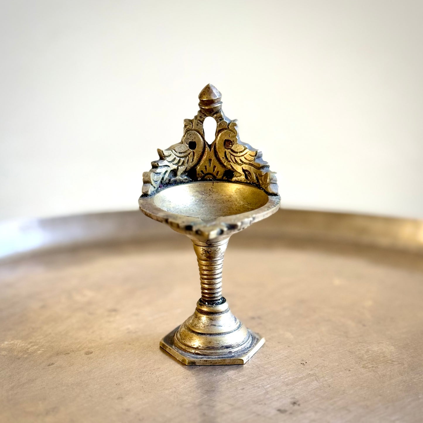 Vintage Twin Peacocks Diya On Pedestal