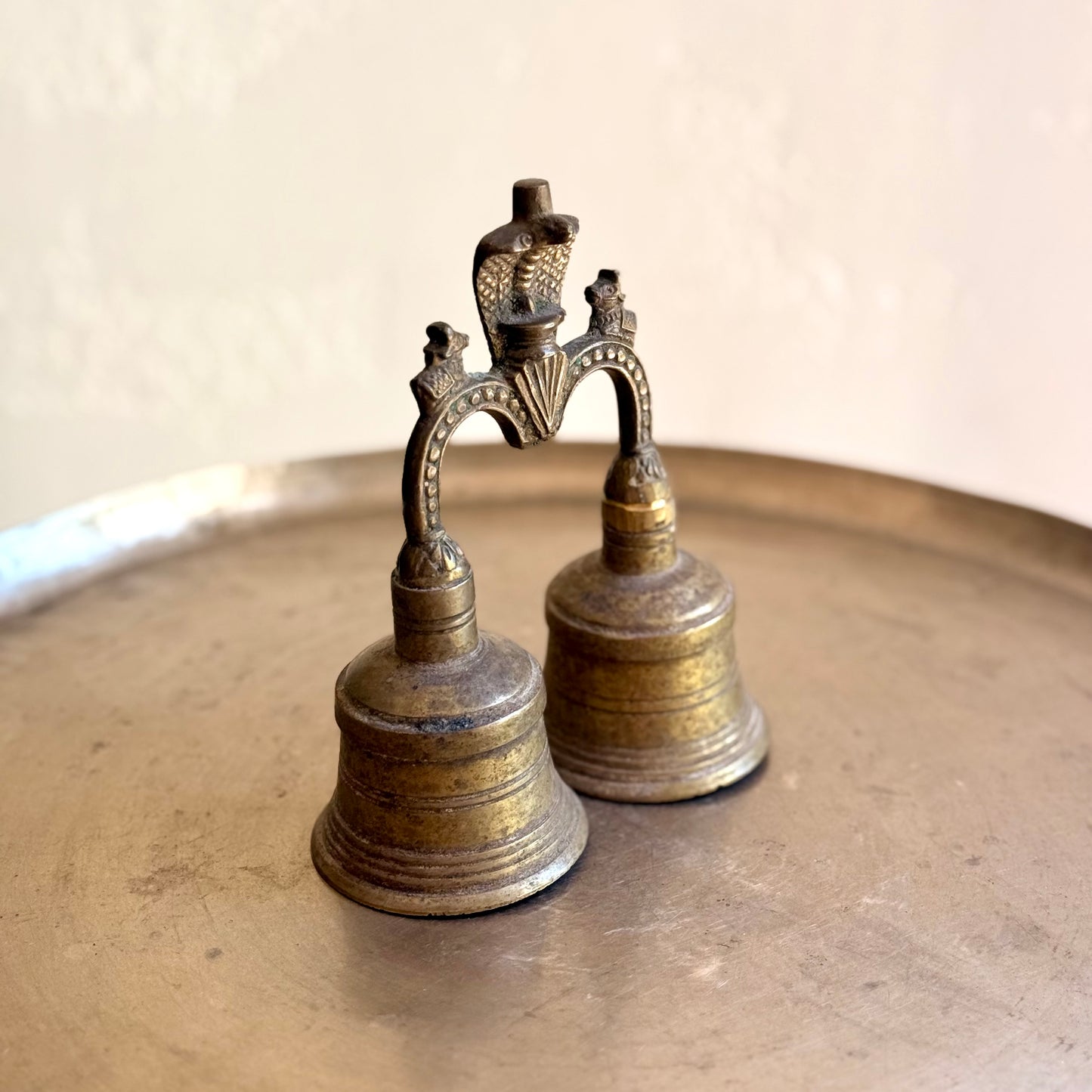 Vintage Brass Double Temple Bell with Shiva & Nandi Finial