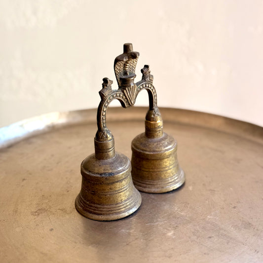 Vintage Brass Double Temple Bell with Shiva & Nandi Finial