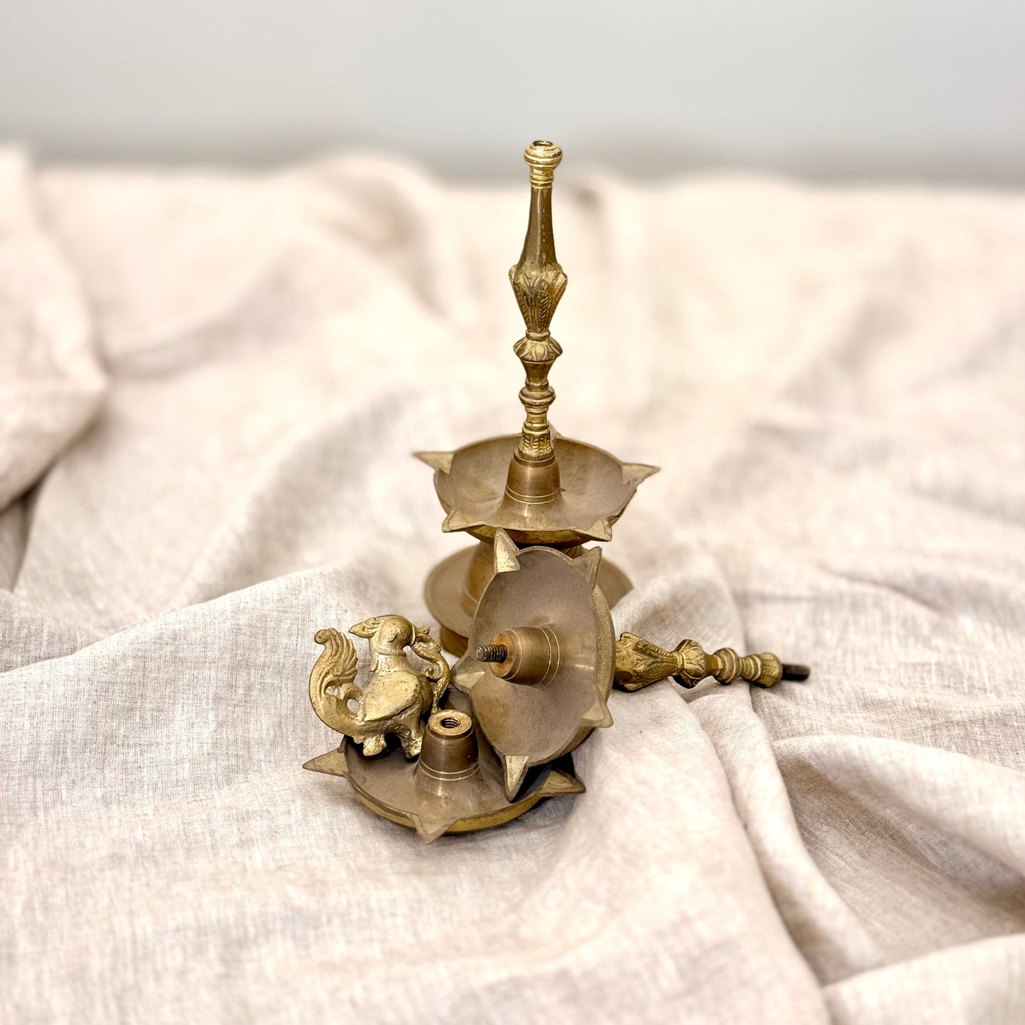 Three-Tier Brass Vilakku with Annapakshi