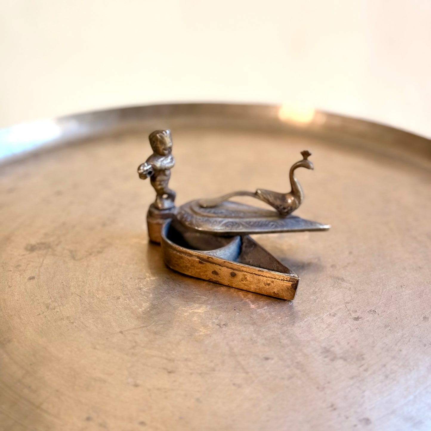 Vintage Brass Kumkum Box – Baby Krishna & Peacock