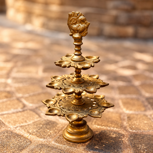 Vintage Brass Deepasthabham | Three-Tier Oil Lamp